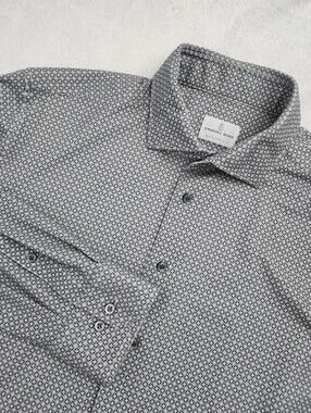 EMANUEL BERG Men's XL Modern Fit‎ Geometric Print Dress Shirt Blue Gray Stretch